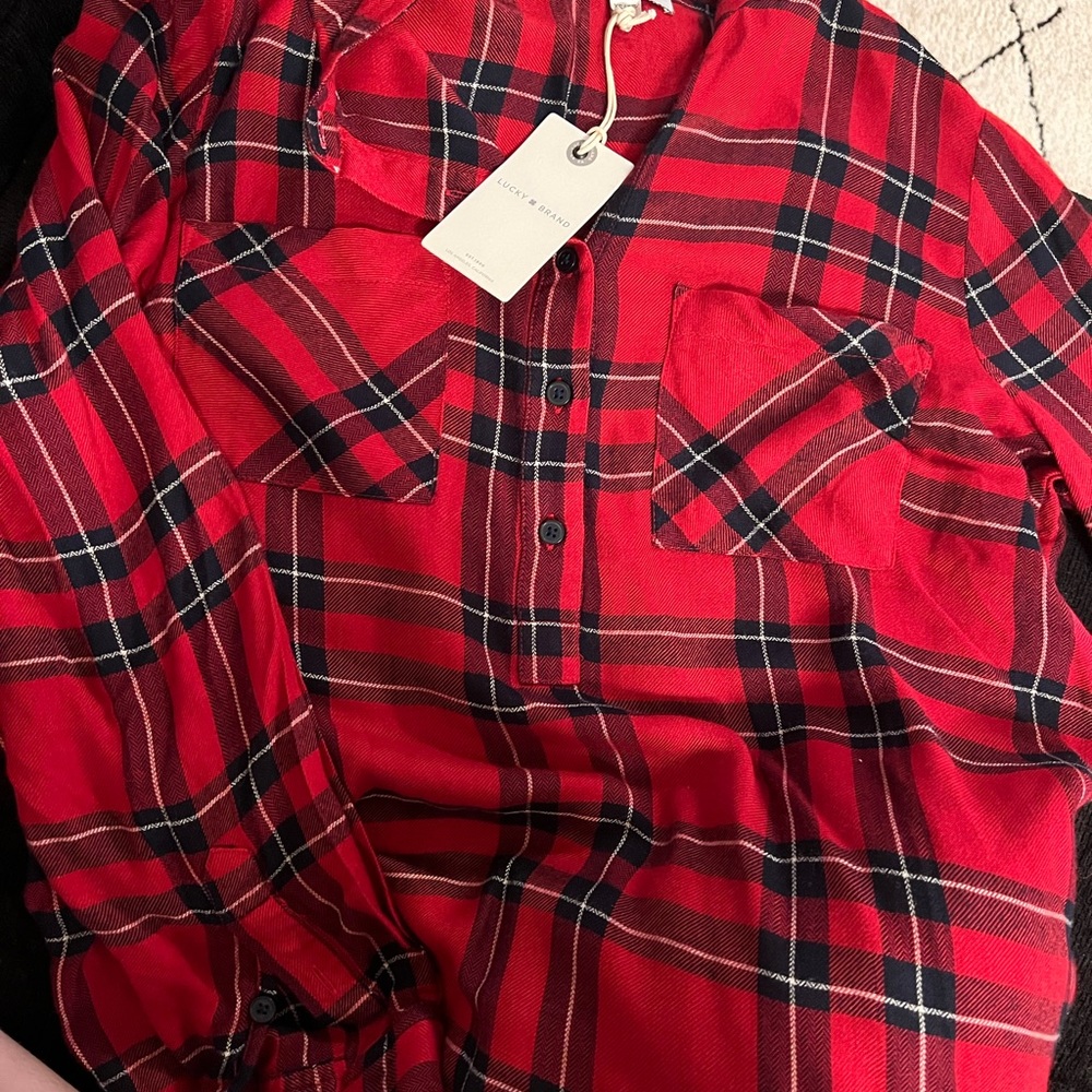 women’s red lucky brand flannel size xs (oversized)